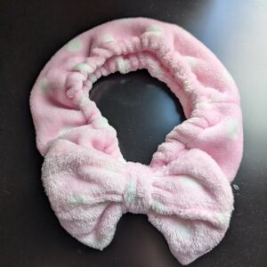 Pastel pink polka dot soft towel headband for face washing and makeup